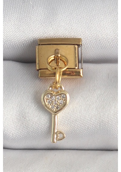 316l Çelik Gold Renk Sallantı Zirkon Taşlı Kalpli Anahtar Model Nomination Charm