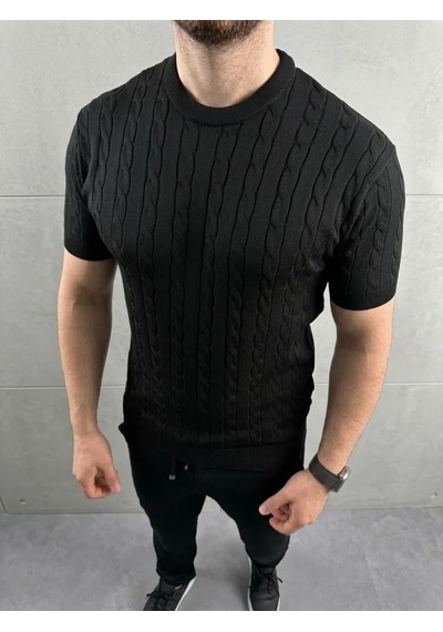 Suma Erkek Yazlık Triko Dokuma Tişört Kısa Kol Bisiklet Yaka Örgü Desenli T-shirt - Siyah