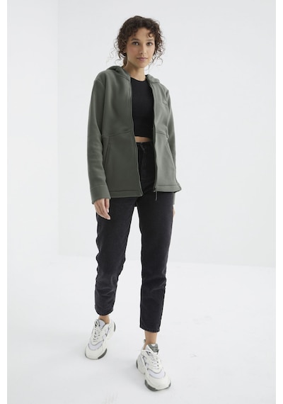 Tommy Life Çağla Kapüşonlu Fermuarlı Rahat Form Kadın Polar Sweatshirt - 97233 Çağla