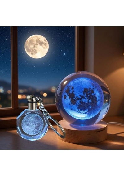 Dolunay Tasarımlı Işıklı Cam Küre - Kristal Anahtarlık Seti - Renk Değiştiren Gece Lambası Diğer
