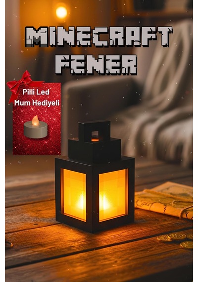 Minecraft Fener Modern Tasarımlı Led Masa Lambası-pilli Led Mum Hediyeli-dekoratif Masaüstü Lamba Siyah