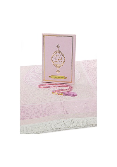 Pembe Çeyizlik Seccade Seti Gelin Bohçasına Uygun Dini Hediyelik İsme Özel Yasin Kitabı 001