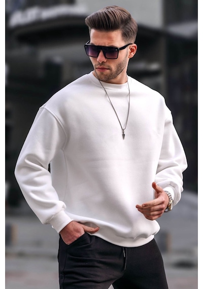Madmext Ekru Bisiklet Yaka Oversize Şardonlu Basic Erkek Sweatshirt 6048-ekru Ekru