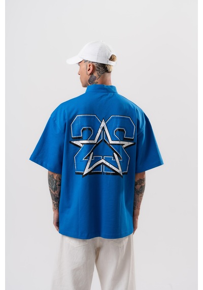 Respire Erkek 22 Baskılı Yarım Fermuarlı Oversize T-shirt Mavi