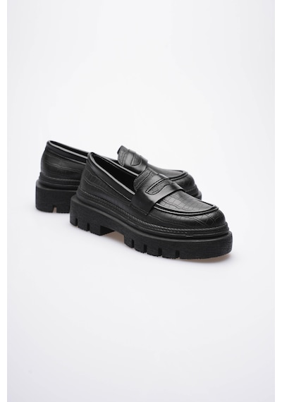 Kadın Deri Loafer Oxford Krokodil Desenli Kalın Comfort Tabanlı Siyah Carmin Siyah