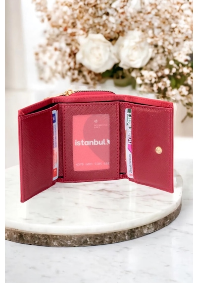 Mygeppetobag Kadın Fermuarlı Ve Çıtçıtlı Bozuk Para Bölmeli Şık Cüzdan Kırmızı Çok Renkli