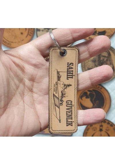 Sahil Güvenlik Deri Anahtarlık - Arma - Leather Key Holder Bej