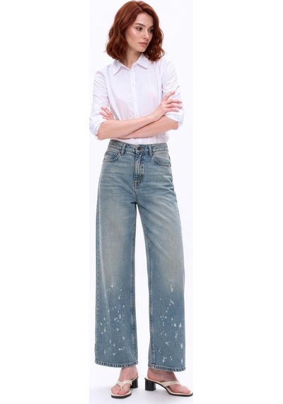 Bluew White Kadın Açık Mavi Yüksek Bel Wide Leg Boya Efektli Jean Pantolon