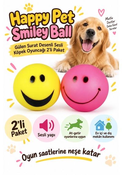 Happy Pet Smiley Ball Gülen Surat Desenli Sesli Köpek Oyuncağı 2 Li Paket
