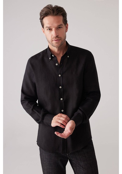 Erkek Siyah Slim Fit Yaka Düğmeli %100 Keten Gömlek