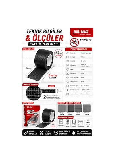 Sineklik Yama Bandı 50 Mm X 2 Metre Güçlü Yapışkanlı Sineklik Tamir Bandı Kes Yapıştır Fiber File On