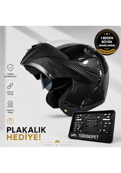 Vrt Çene Açılır Güneş Vizörlü Kask + Plakalık Karbon