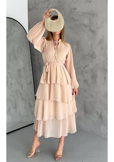 Dip Moda Kadın Astarlı Eteği Kat Kat Şifon Elbise Dpk2041 BEJ