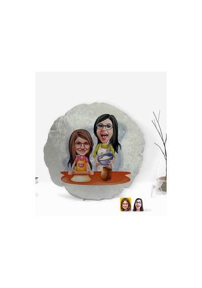 Kişiye Özel Anne Kız Karikatürlü Yuvarlak Dekoratif Kırlent Yastı (505549217)