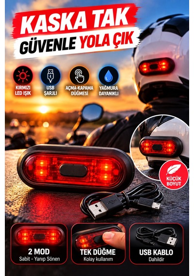Usb Şarjlı Kırmızı Led Kask Işığı Açma Kapama Düğmeli Siyah Oval Kask Flaşörü Usb Kablolu 8,8x3,7 Cm