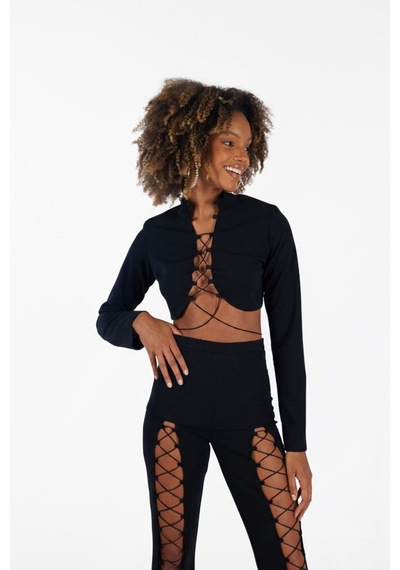 Holly Lolly Crop Model Dekolteli Bel Bağlamalı Lui Bluz Siyah
