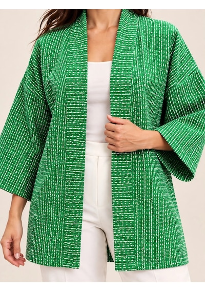 Tencelle Woman Kadın Yeşil Beyaz Desenli Şal Yaka Rahat Kesim Kimono Ceket