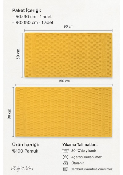 Banyo Havlu Seti %100 Pamuk 2 Parça 50 90 + 90 150 Cm Soft Comfort Sarı