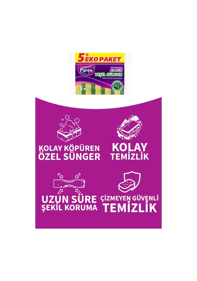 Klasik Yeşil Sünger Düz 5'li Paket Üçlü Set