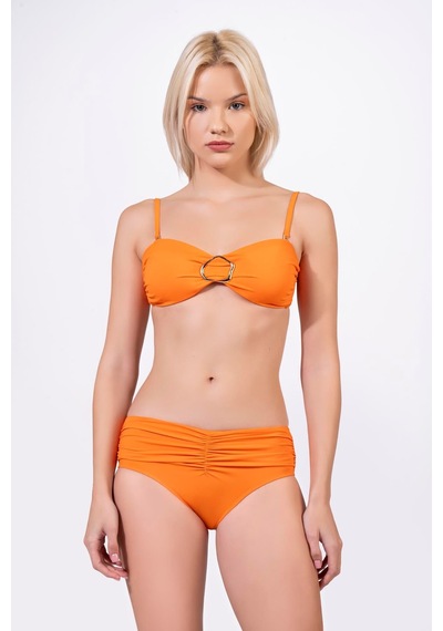 Endeep Kadın Aksesuarlı Straplez Büzgü Detaylı Turuncu Bikini Takımı