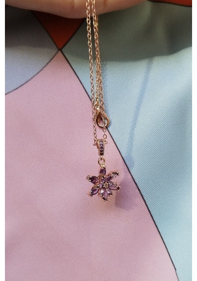 Ervanur Kadın Rose Altın Kaplama Mor Taşlı Tepelikli Lotus Çiçeği Kolye Mor