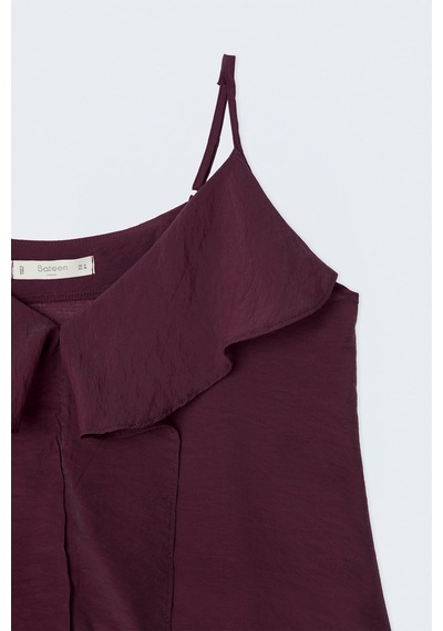 Sateen Fırfır Detaylı Askılı Bluz - Bordo-137726