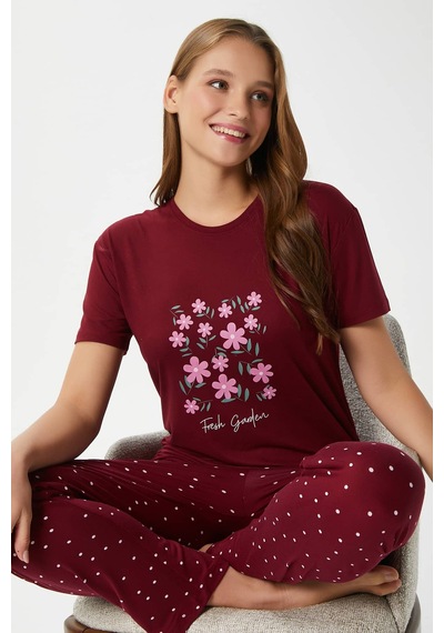 Ritnice Kadın Garden Yumuşak Doku Bordo Çiçek Desen Bisiklet Yaka Kısa Kollu Alt Üst Pijama Takımı