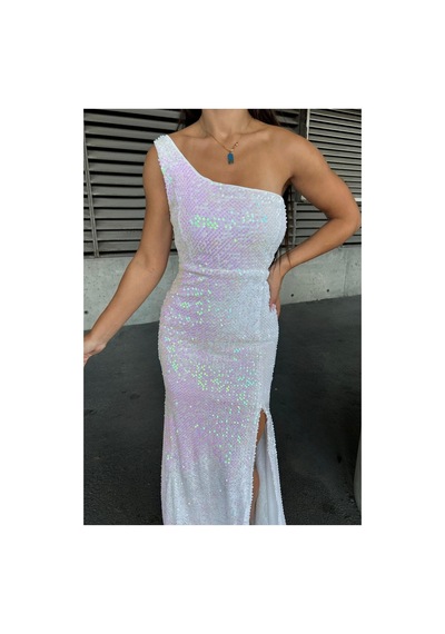 DefyModa Kadın Kadife Kumaş Asimetrik Yaka Payetli Abiye Elbise M