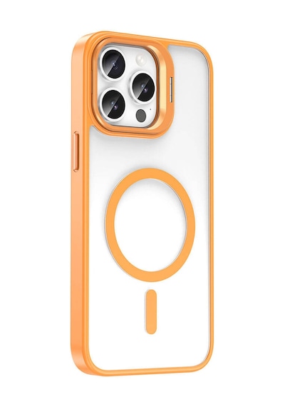Goocamp Apple Uyumlu iPhone 14 Pro Max Kılıf Magsafe Şarj Özellikli Standlı Magsafe Klon Lensli K Turuncu