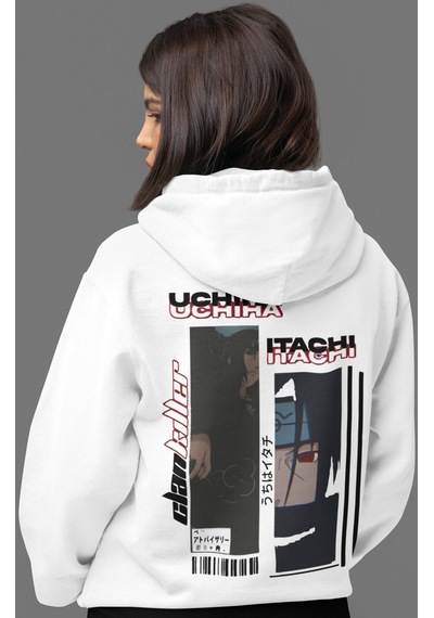 Sevbano Itachi Uchiha Naruto Anime Sırt Baskılı Unisex Oversize Penye Hoo beyaz