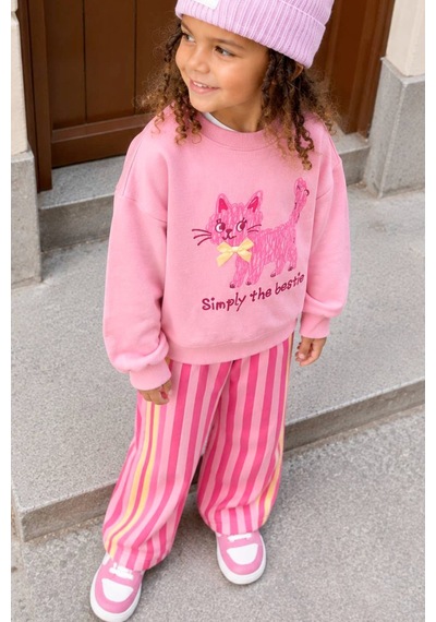 Monila Kız Çocuk Pembe Kedi Baskılı Sweatshirt Ve Pembe Çizgili Eşofman Alt Üst Takım