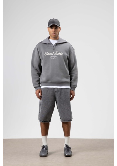 Vamos Oversize Fermuarlı Yaka Sweatshirt Füme