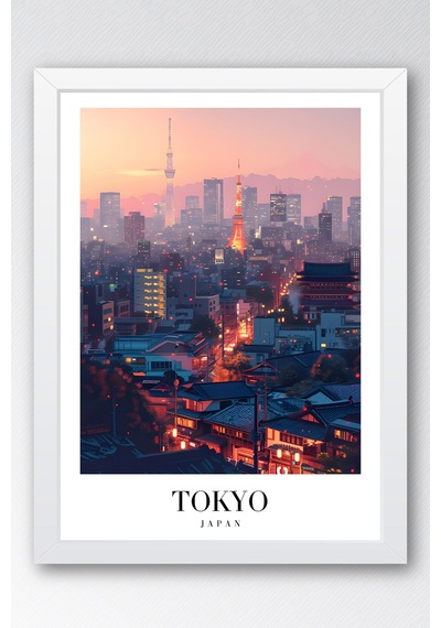 Tokyo Japan Vintage Seyahat Posteri Çerçeveli Tablo - Premium Gece Silüeti Elit Duvar Dekoru Beyaz