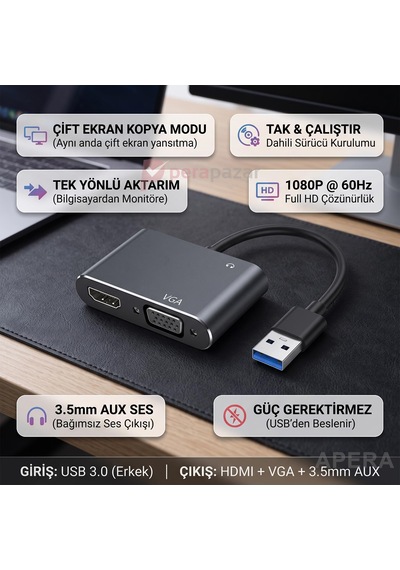 Usb 3.0 To Hdmı Ve Vga Adaptörü 1080p Çift Ekran Ve Ses Çıkışlı Pc Uyumlu Çoklu Monitör Görüntü Aktarıcı Cn05