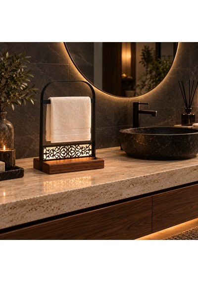 Pilli Led Işıklı El Havluluğu, Ahşap Tabanlı Ayaklı Banyo Havlu Standı Siyah