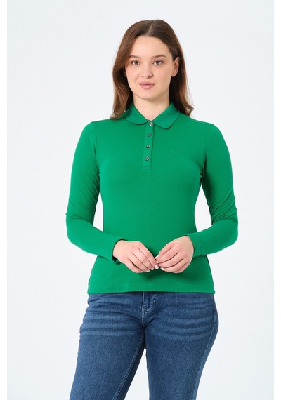 Msw Kadın Uzun Kollu Regular Fit Polo Yaka T-shirt Btg Yeşil
