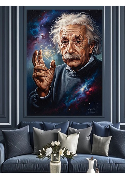 Bilim İnsanı Einstein Yıldızlar Arasında Dekoratif Kanvas - Mdf Ahşap Tablo