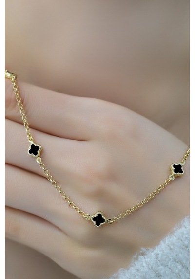 Siyah Mineli Yonca Kolye Zincir 14 Ayar Sarı Altın
