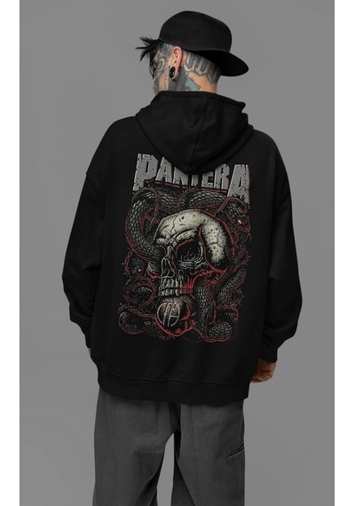 Sevbano Pantera Baskılı Unisex Oversize Müzik Grubu Hoodie Siyah