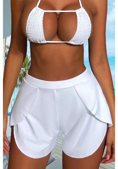 Missmaral Kadın Beyaz Deniz Havuz Şortu Etek Görünümlü Yırtmaçlı Şık Model İçte Bikini Slip 1102 Beyaz