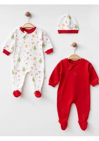 Zekids Bebek 3 Lü Yılbaşı Temalı Şapkalı Organik Bebek Tulum Seti-16182 Çok Renkli