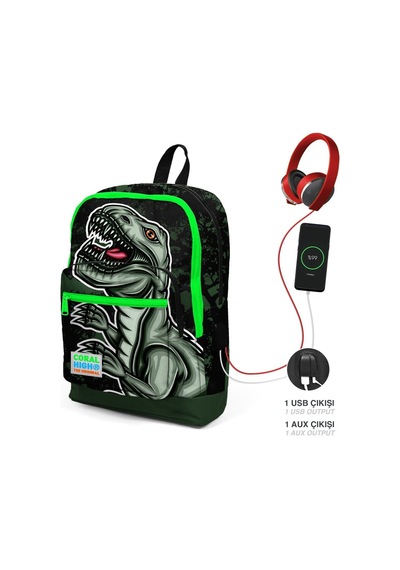 Coral High Okul Çantası Ve Termal Beslenme Çanta Seti - Erkek Çocuk Yeşil Dinazor Usb Ve Aux Çıkışlı