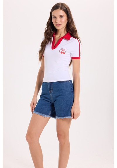 Tudors Kadın Slim Fit Dar Kesim Kısa Kollu Baskılı Omzu Şeritli V Yaka Beyaz Tişört Body-52067