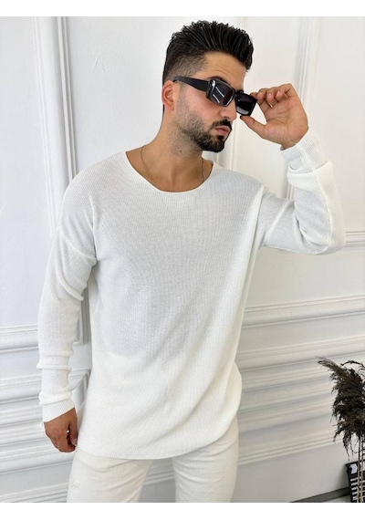 Kazak Oversize Örme Natural Pamuk Tüylenmeyen Kazak Salaş Tarz Triko Sweatshirt Beyaz