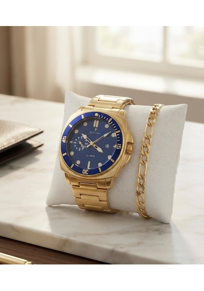 Erkek Bezel Kol Saati Bileklik Hediyeli Yeşil Kadran Takvimli Çelik Kordon Quartz Analog Saat Frn09 Mavi