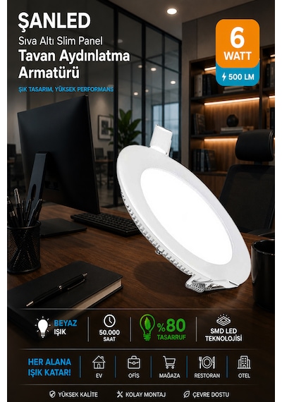 6w Tasarruflu Led Yuvarlak Beyaz Işık Sıva Altı Slim Panel Tavan Aydınlatma Armatürü