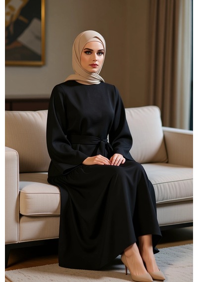 Benerly Kadın Maxi Elbise Uzun Kollu Bisiklet Yaka A-line Kesim Kuşaklı A Siyah