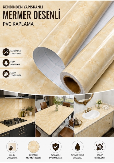 Deconitte Kendinden Yapışkanlı Sarı Mermer Desenli Pvc Kaplama Folyo Tezgah Masa Dolap 60x100cm