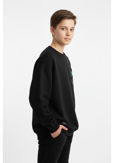 Bisiklet Yaka Cep Fermuar Detaylı Erkek Çocuk Sweatshirt-90855 Siyah