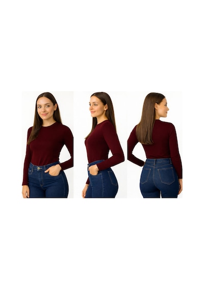 İngegno Body Bisiklet Yaka Uzun Kol Örme Kumaş Viskon Kadın Body Bordo